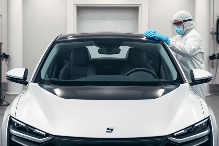 A modern electric Aion V sedan (2020 model) in a clean garage setting, with a technician in a protective suit carefully removing the old windshield and installing a new transparent windshield. The focus is on the car's front view, the windshield frame, and the tools such as suction cups and a glass handling rig. The scene is well-lit, realistic, and emphasizes the automotive repair process without any text or branding.