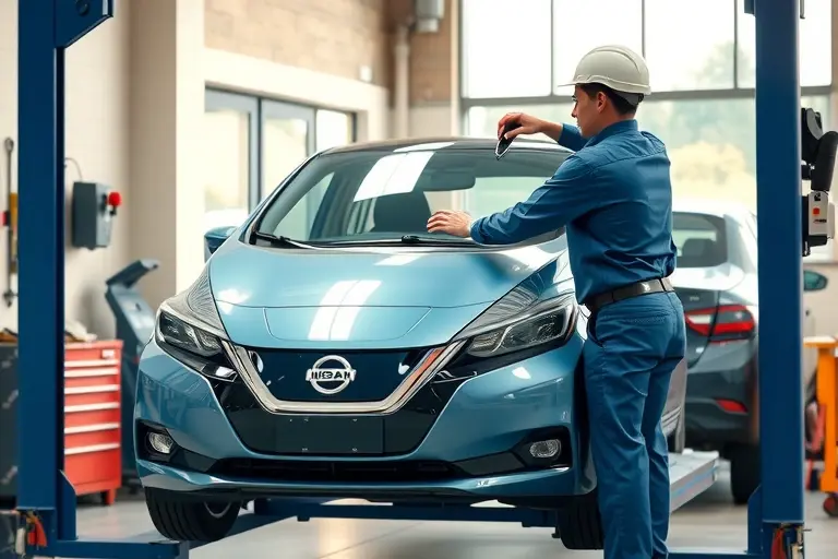 A realistic depiction of a mechanic replacing the windshield of a 2017 Nissan Leaf electric car. The vehicle is positioned on a hydraulic lift inside a tidy garage. The mechanic, wearing blue coveralls and a safety helmet, is carefully removing the old windshield with a specialized tool. The new windshield is being aligned and fitted onto the car. The background shows automotive tools, a workbench, and a large window letting in natural light. The focus is on the car's front, the windshield area, and the mechanic's hands, with realistic lighting and a subtle cinematic depth of field.