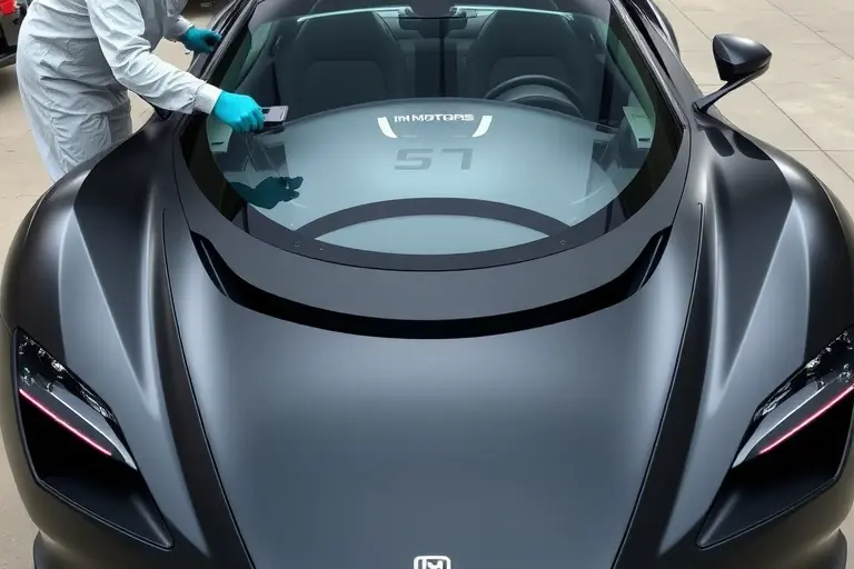 A sleek electric sports car, the IM Motors LS7 with 340 hp, shown from a front angle with its windshield partially removed and a mechanic or technician in a protective suit replacing it. The scene should emphasize the car’s aerodynamic lines, the clear glass panels, and the precision tools used for the replacement. No text, letters, or numbers should appear in the image.