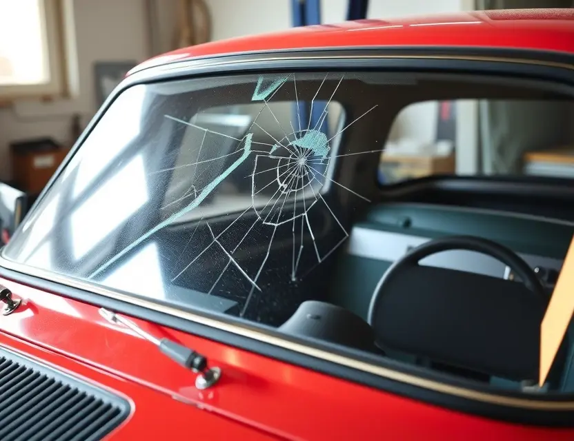 A ZAZ 968 car with a cracked windshield, with a mechanic in the background working on the windshield replacement. Focus on the windshield replacement process.