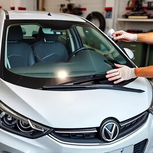 A detailed scene of a mechanic replacing the windshield on an Auto Avia Costruzioni 815 1.5 L R8 75 hp car. The image shows the car's front side, the old cracked windshield partially removed, a new clear windshield being fitted with adhesive, and the mechanic using a suction cup and a wiper blade to secure it. The background is a clean garage setting with tools and a workbench. The focus is on the precision of the replacement process, highlighting the clear glass, the car's front grill, and the mechanic's hands.