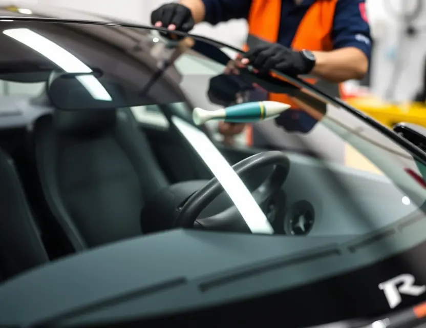 A close-up shot of a car windshield being replaced by a technician. The car is a Tramontana R Edition. Focus on the replacement process, showing tools and the new windshield.