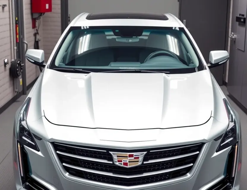Замена лобового стекла Cadillac CT6 A high-quality, realistic photo of a Cadillac CT6 sedan in a professional auto repair shop with its front windshield removed, exposing the frame, ready for replacement. The car is clean, well-lit, and positioned to show the front view clearly without any text or logos on the glass area.
