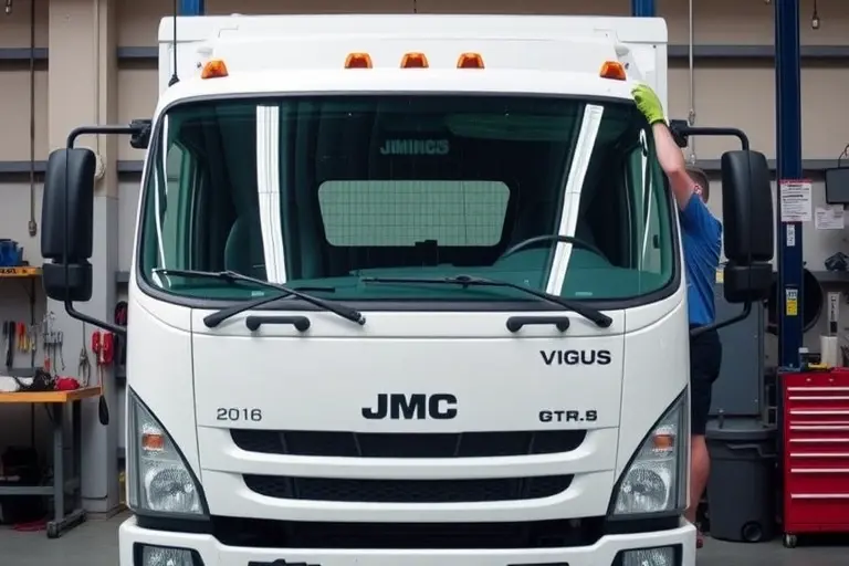 A detailed workshop scene showing a mechanic replacing the windshield of a 2016 JMC Vigus 2.0 Turbo truck. The truck's front is visible, with the old windshield removed and a new one being installed. Tools and a workbench are present, focusing on the windshield replacement process.