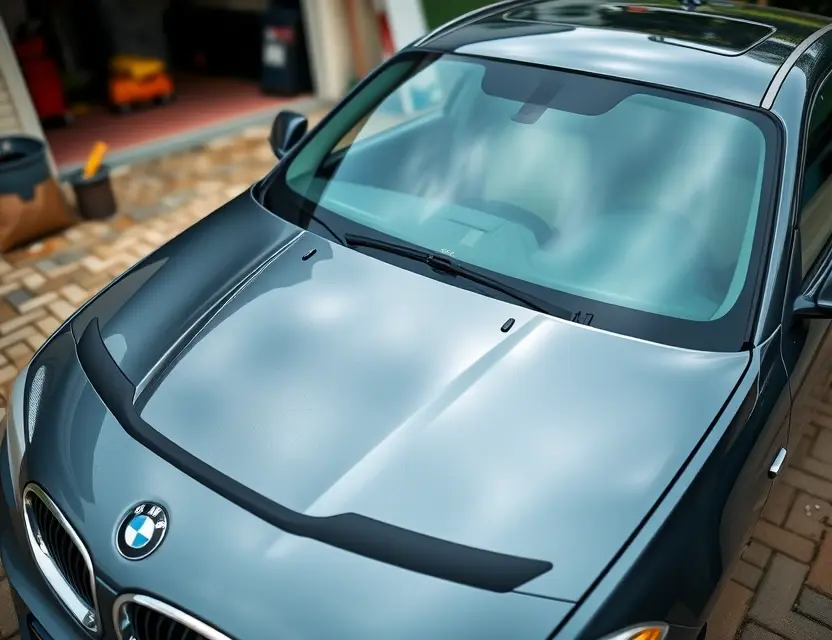 A high-quality image depicting a BMW 1er (E81) with a replaced windshield. The windshield is clear and undamaged, contrasting with the original windshield which shows signs of wear and tear. The car is parked outdoors on a paved surface, with a slightly blurred background showing a garage or workshop setting. Focus should be on the replaced windshield and the overall condition of the car.