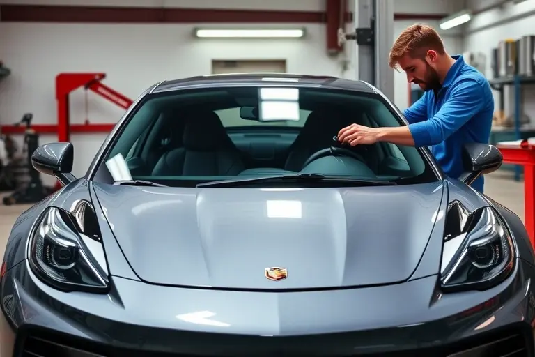 A mechanic in a garage is replacing the windshield of a compact sports car. The scene shows the car's front end with the old glass removed and a new windshield being fitted. Tools such as a suction cup, a glass cutter, and a vacuum device are visible. The garage has a workbench, a car jack, and a light fixture. The focus is on the car's front, the windshield area, and the mechanic's hands, with a clean, realistic style.