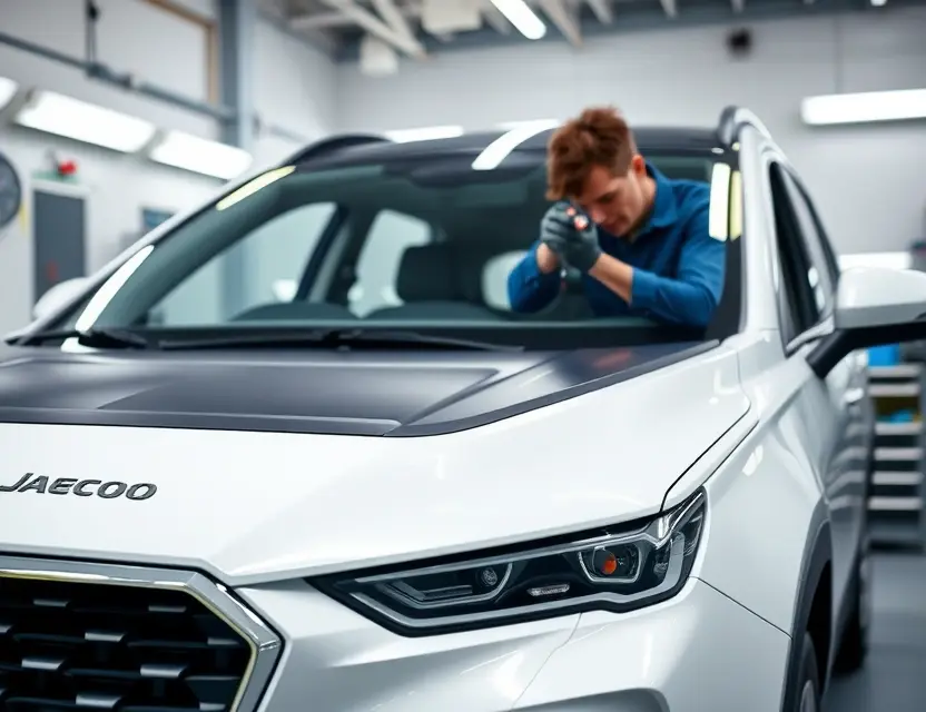 A high-quality close-up shot of a Jaecoo J7 car with its front windshield being professionally replaced, showing a technician in a clean workshop environment using specialized tools, bright studio lighting, sharp focus on the vehicle's front grille and new glass, realistic automotive photography, no text or logos