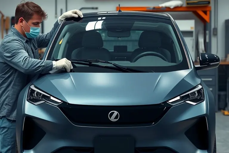 A realistic, high-resolution illustration of a mechanic replacing the windshield of an IM Motors L7 electric car (2022 model) in a workshop. The scene shows the car's front with the old windshield removed and a new one being installed. The mechanic wears protective gloves and a mask, holding a windshield wiper. The background includes workshop tools and a workbench. The focus is on the car and the replacement process, with no text or lettering visible.