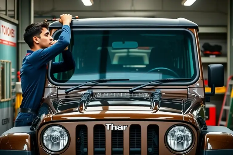 A mechanic replacing the windshield of a Mahindra Thar 2.2 diesel 132 hp (2020 model) in a workshop setting, showing the vehicle's front, the new windshield being installed, and tools in use