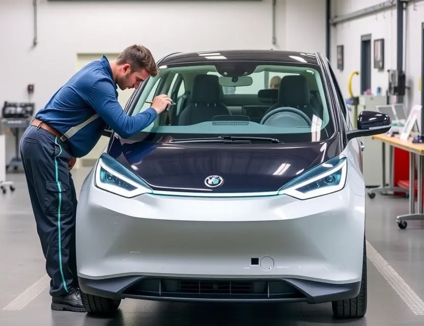 A modern electric car, specifically an Aion Y Plus, with a technician carefully replacing the front windshield using professional tools, clean workshop background with soft lighting, no people other than the technician, no text or logos on the car or tools