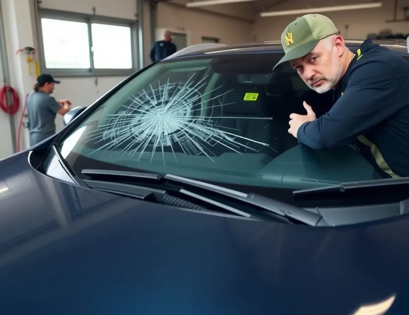 A Honda CR-V with a cracked windshield being replaced by a technician in a garage. The focus is on the windshield replacement process.