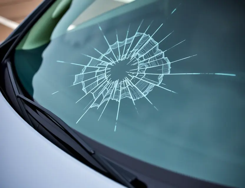 A close-up shot of a Chevrolet Traverse with a cracked windshield, showing the damage clearly. The car is parked on a clean, slightly reflective surface. Focus on the cracked area and the surrounding glass.