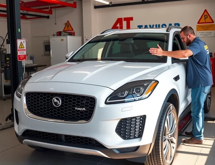 A high-quality, realistic image of a Jaguar F-Pace SUV in a professional auto repair shop, with the front windshield removed and a new glass panel being carefully installed by a technician using specialized tools. The car is clean, well-lit, and positioned on a lift. The background shows organized workshop equipment and safety signage, emphasizing precision and professionalism in automotive glass replacement.