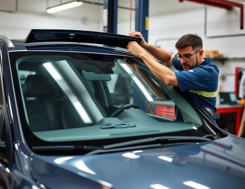 Замена лобового стекла Fang Cheng Bao Bao 8 A professional auto repair scene showing the replacement of the windshield on a Fang Cheng Bao Bao 8 car. The image should depict a well-lit garage with a technician carefully removing the old windshield and preparing to install a new one. The car should be prominently featured, with the technician wearing appropriate safety gear. The background should include typical auto repair tools and equipment.