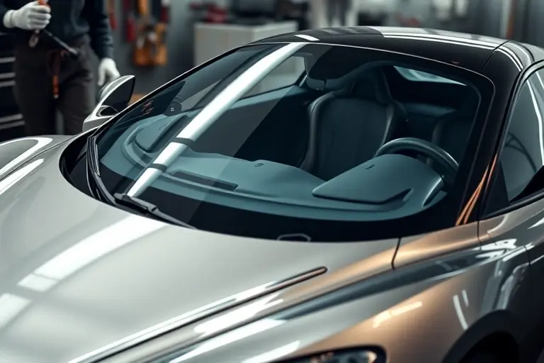 A high-resolution image of a McLaren 750S 4.0 V8 Twin Turbo 750 hp with a newly installed windshield, shown in a workshop setting. The focus is on the clear, glossy glass of the new windshield and the sleek, aerodynamic body of the car. A mechanic in a work apron is visible in the background, holding tools, but the main emphasis is on the car and the replacement process.
