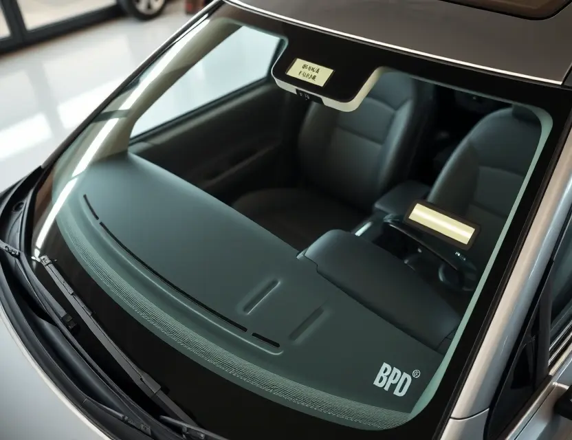 A high-quality image depicting a BYD Seal car with a replaced windshield. The windshield is visibly new and clear, contrasting with the older, replaced section. The car is parked on a clean, well-lit surface, possibly a service bay or a dealership lot. Focus on the detail of the replacement and the overall condition of the car.