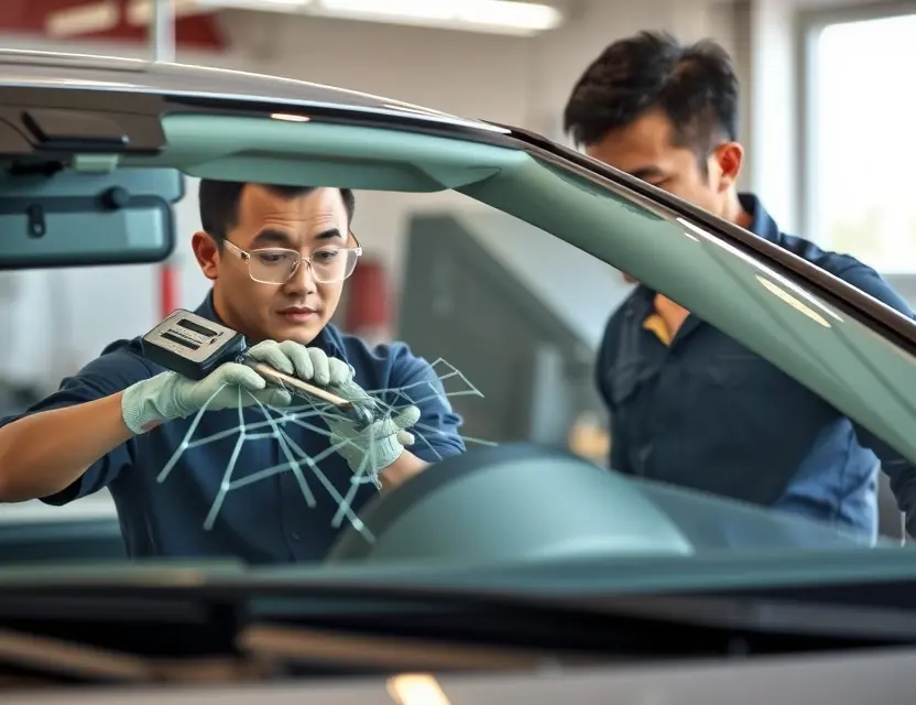A high-quality image depicting a BAW Yongshi windshield replacement service. The image should show a car with a cracked windshield being worked on by a technician. The technician is wearing safety glasses and gloves, and is using specialized tools to replace the windshield. The background should be a clean, well-lit workshop. Focus on the replacement process and the quality of the work.