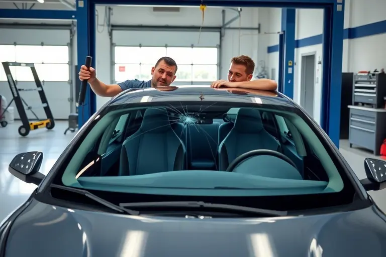 A realistic scene showing a mechanic carefully removing the cracked windshield of a 2023 Arcfox Kaola electric car with 163 horsepower, and installing a new, pristine windshield. The car is positioned in a modern service bay with clean tools, a lift, and subtle reflections on the polished floor. Emphasize the sleek design of the vehicle, the smooth glass surface, and the professional atmosphere of the repair process.