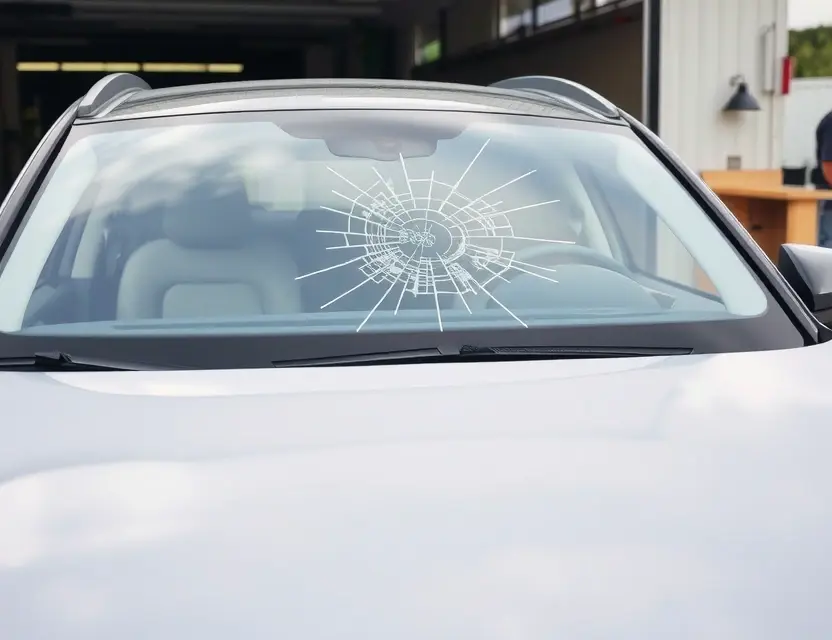 A Beijing X5 car with a cracked windshield undergoing windshield replacement. The scene should be outdoors, with a mechanic working on the car. Focus on the replacement process and the new windshield being installed.