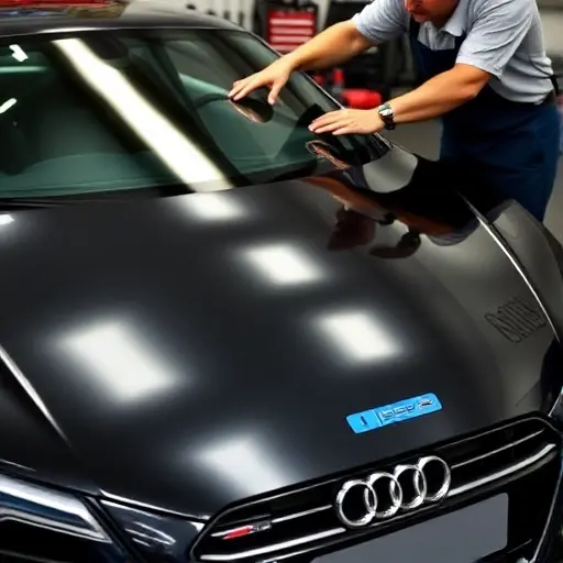 A detailed close-up of a mechanic replacing the windshield on a 2015 Audi R8 5.2 FSI V10, showing the car's front, the new glass panel, tools, and a garage setting