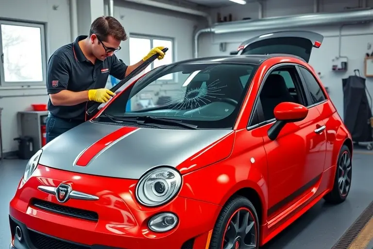 A sleek Abarth Punto 1.4 MultiAir 180 hp (model year 2014) parked in a professional auto workshop, with a technician in safety gloves and goggles carefully removing the cracked windshield and holding a new windshield ready for installation; focus on the car's distinctive sporty design, the windshield frame, and the clean workshop environment