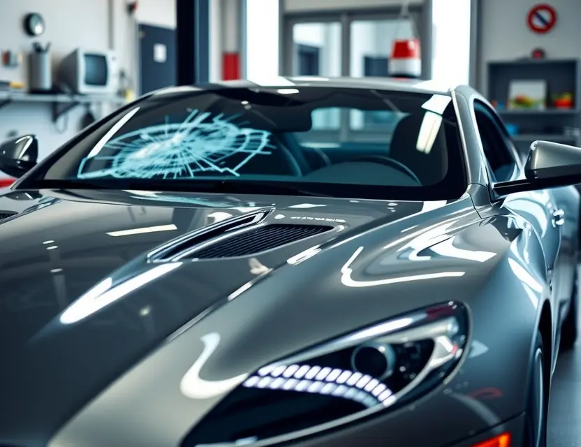 A high-quality image of an Aston Martin Valhall car with a cracked windshield being replaced by a new glass, showing the service process in a professional auto shop setting, realistic lighting and detailed car design