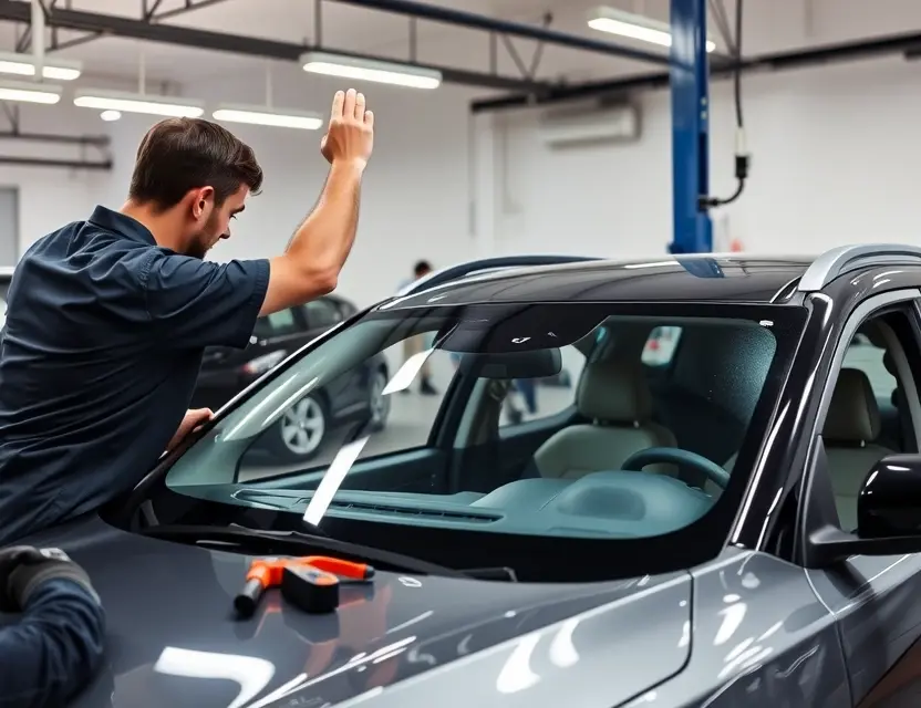 A professional automotive technician replacing the windshield of a Denza N8 SUV in a well-lit garage, with tools and new windshield visible, no people in the background, clean and modern workshop environment
