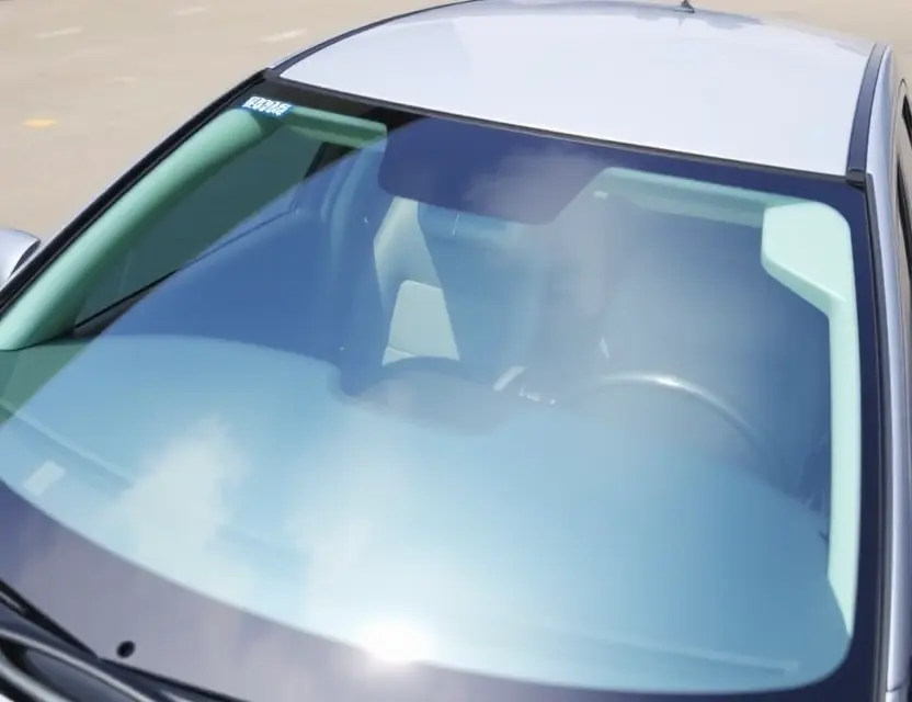 A Baojun E300 with a replaced windshield, showing the new windshield installed. The car is parked on a clean, well-lit surface. Focus on the clarity and quality of the new windshield.