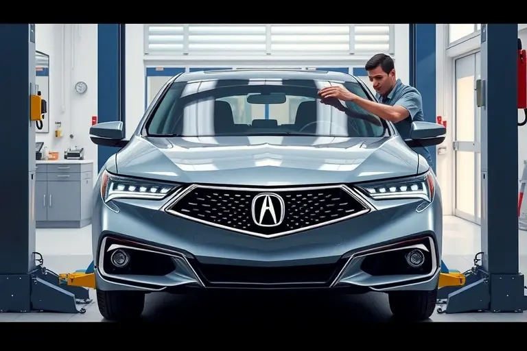 A detailed, realistic illustration of a 2021 Acura TLX 2.0 VTEC Turbo with its front windshield being professionally removed and replaced by a skilled mechanic in a clean auto repair shop. The scene shows the car positioned on a service lift, the old windshield partially detached, new windshield ready to be installed, tools and protective equipment visible, and a focus on the precision and care of the replacement process.