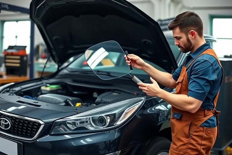 A detailed workshop scene showing a mechanic in a work apron carefully removing and replacing the windshield of a 2016 Soueast DX3 1.5L 120hp sedan. The car is positioned on a lift with its hood open, revealing the interior dashboard and the old cracked windshield being set aside. The mechanic holds a new clear glass panel, using a suction cup and a small pry bar. The background includes automotive tools, a workbench with a toolbox, and a subtle hint of a garage setting with a window and a light source casting soft shadows. The focus is on the precision of the replacement process, the clear glass, and the mechanical tools, with no text or logos visible.