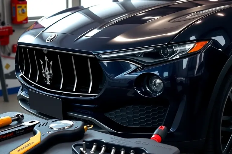 A close-up of a Maserati Levante 3.0 V6 Twin Turbo 350 with a mechanic in a service bay replacing its front windshield. The image shows the new glass being fitted, the car’s sleek front fascia, and automotive tools in the foreground, all rendered in a realistic, high‑resolution style.