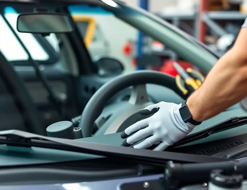 A close-up shot of a Saturn car windshield being replaced by a mechanic. The mechanic is wearing gloves and a safety glasses. The windshield replacement process is visible, with tools and parts around. Focus on the details of the replacement process and the tools used.
