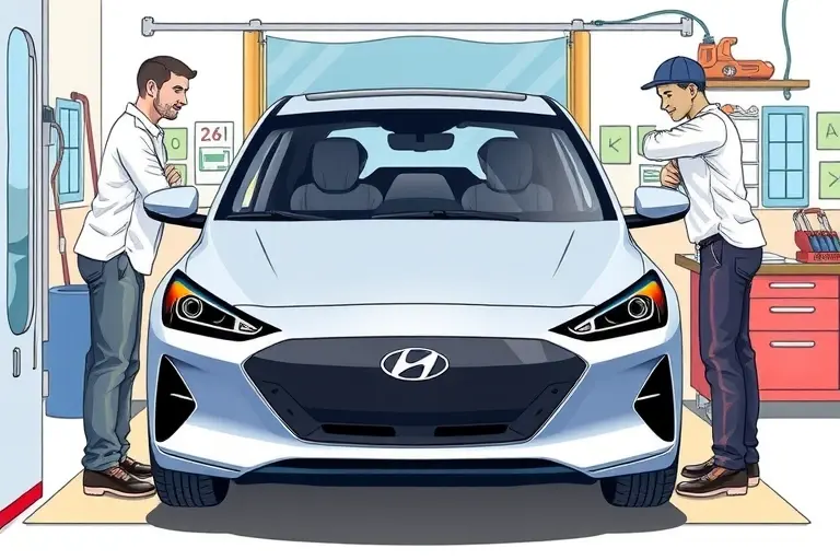 A detailed illustration of a mechanic replacing the windshield of a Hyundai Ioniq 6 electric car in a garage setting, showing the car's front, the new windshield being installed, tools and a workbench, with a focus on the car's sleek design and the precision of the replacement process.