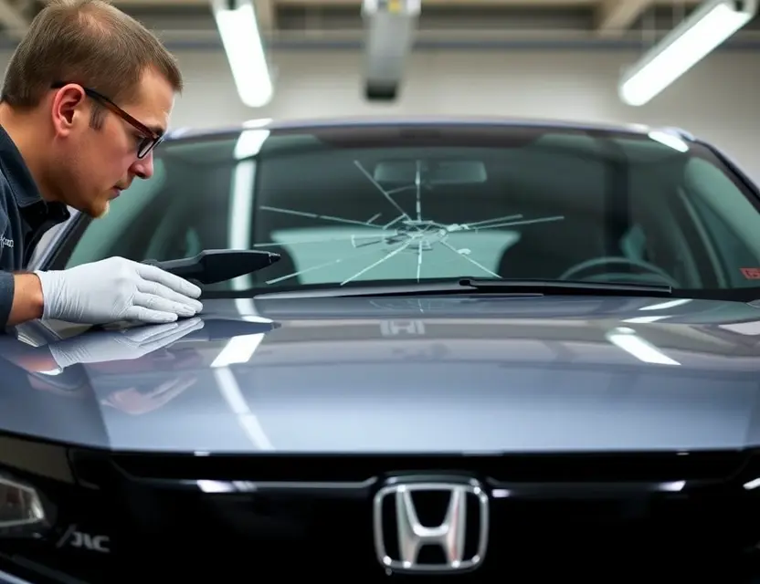 A close-up shot of a Honda Civic with a cracked windshield being replaced by a technician. The technician is wearing safety glasses and gloves, and the new windshield is being carefully installed. The background is a clean, well-lit garage.