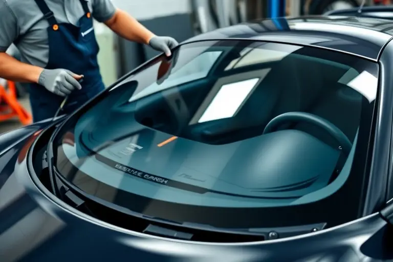 A close-up of a McLaren P1 V8 3.8 Twin Turbo + electric motor car with its windshield being replaced. The image shows a mechanic in a work apron holding a new windshield, the old windshield partially removed, tools such as a suction cup and a wedge. The car is on a lift in a garage with a subtle industrial vibe. The focus is on the windshield and the replacement process, highlighting the car's sleek lines and the new glass.