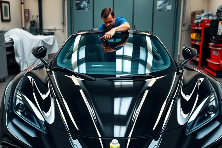 A mechanic in a garage replacing the windshield of an Oullim Spirra 2.7 V6 Twin Turbo 600 hp sports car. The scene shows the car’s front with the old windshield removed, a new clear glass being fitted using a suction cup and a cleaning solution. Tools such as a suction cup, a spray bottle, a protective cover, and a workbench with automotive parts are visible. The focus is on the precision of the replacement process, highlighting the car’s sleek design and the clear glass being installed, with no text or lettering in the image.
