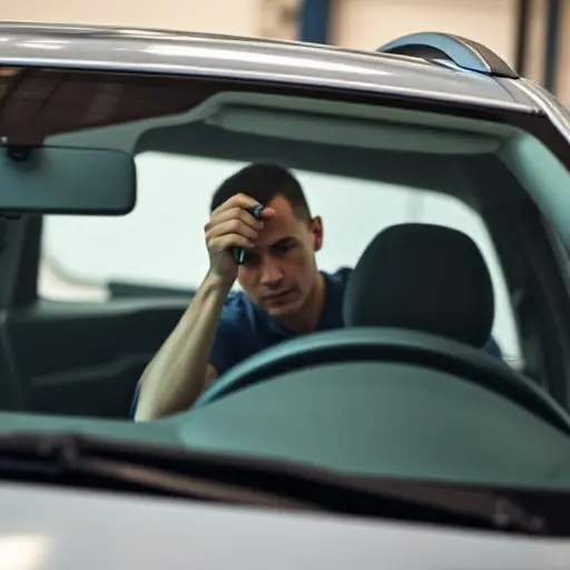 A close-up of a car windshield being replaced on a Bitter vehicle, showing a technician carefully installing new glass with precision tools, the car's interior visible through the windshield, soft daylight, realistic details, no text or logos