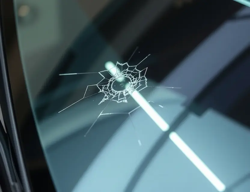 A close-up shot of a Baojun RS 5 with a replaced windshield. The old windshield is cracked and being removed, while the new windshield is clean and clear. Focus on the replacement process and the quality of the new glass.