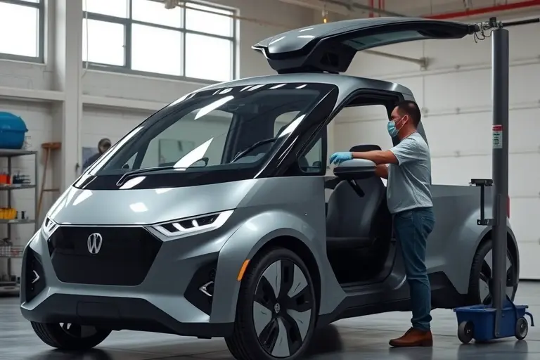 A professional mechanic replacing the windshield on a futuristic Canoo Pickup Truck electric vehicle in a modern garage, high detail, realistic lighting