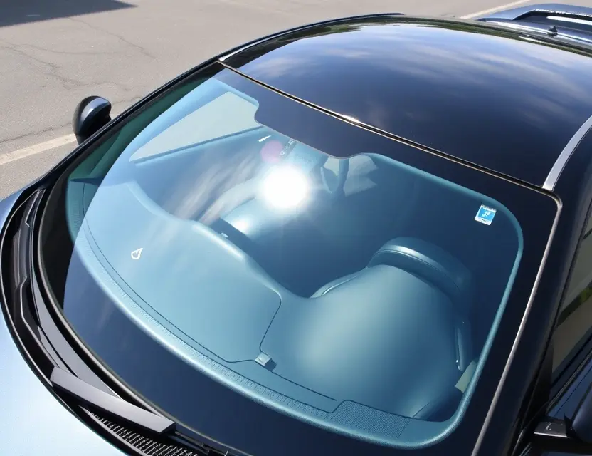 A Forthing M7 car with a replaced windshield, showcasing the new glass. The car is parked on a clean, bright asphalt surface. Focus on the clarity and quality of the replacement windshield.