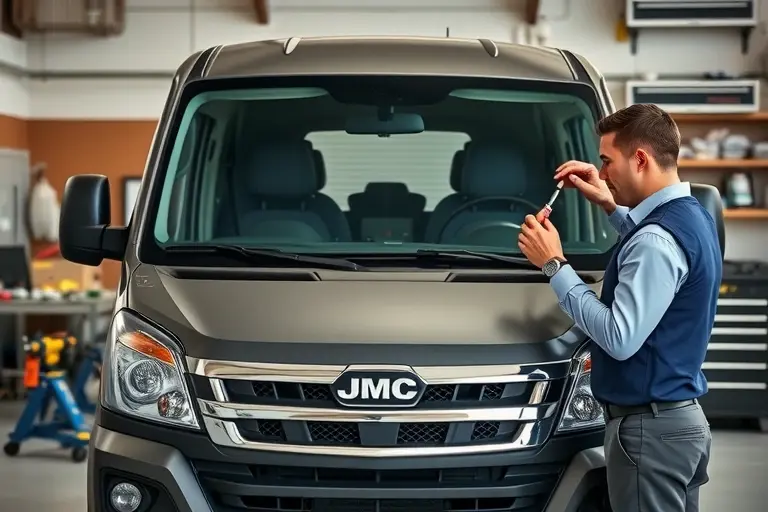 A detailed, realistic depiction of a mechanic in a garage replacing the windshield on a JMC Yuhu 2.0 Turbo diesel vehicle (2017 model). The scene shows the vehicle parked on a workbench with a partially removed old windshield, a new clear windshield being fitted, and tools such as a suction cup, a sealant gun, and a torque wrench in use. The background includes a neatly organized workshop with a workbench, a car jack, and a toolbox. The lighting is bright and evenly distributed, highlighting the clear glass and the mechanic’s focused expression. The image should capture the precision and care involved in the windshield replacement process, with emphasis on the vehicle’s front profile and the mechanics’ hands handling the glass.