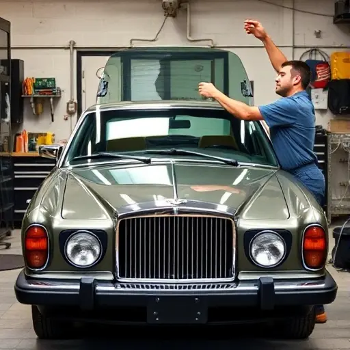 A mechanic in a garage carefully removing an old windshield from a classic Bentley Eight 6.75 L V8 220 hp (1984) and installing a new one, with the car’s front profile visible, tools and a workbench in the background, all depicted in a realistic, high‑quality style
