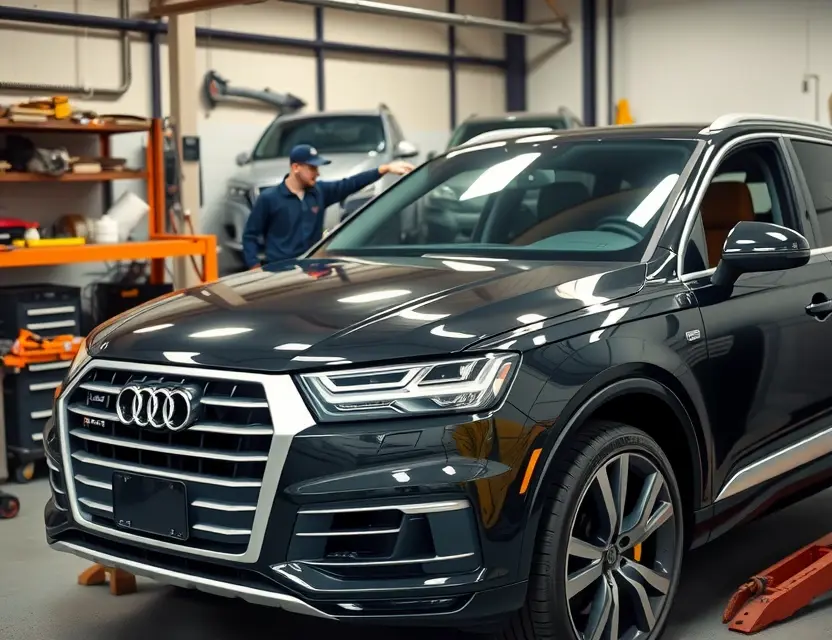 A high-quality image depicting the replacement of a windshield on an Audi Q7. The scene should show a mechanic working on the windshield, with tools and parts visible. The Audi Q7 should be clearly visible, showcasing its design. The background should be a workshop environment.