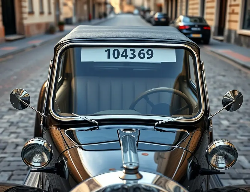 A vintage De Dion-Bouton automobile with a pristine, newly installed windshield, parked on a cobblestone street in soft daylight, showcasing the classic design and clear glass, high quality automotive photography, detailed metalwork, no people, no modern vehicles