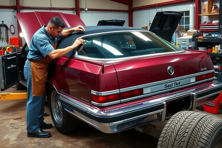 A detailed workshop scene showing a mechanic carefully removing and installing a new windshield on a 1990-1991 Chrysler Imperial with a 5.7 V8 300 hp engine. The car is positioned on a lift, its hood open, and the old glass is on the ground. The mechanic, wearing a protective apron, is using a specialized windshield removal tool and a suction cup to lift the new glass into place. The background shows a cluttered garage with automotive tools, a workbench, and a toolbox. The focus is on the precision of the replacement process, with the new windshield clearly visible and the car's iconic chrome trim and rear window frame highlighted.
