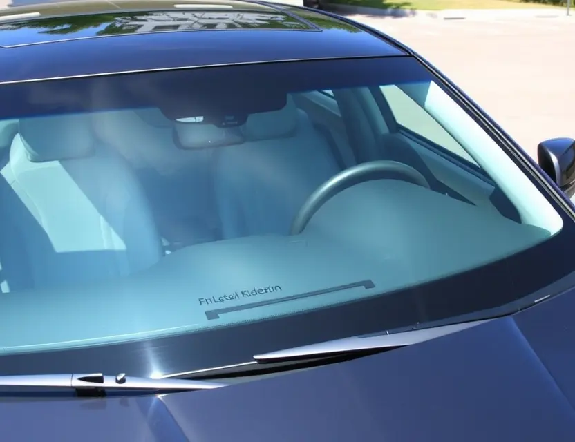A Cadillac CT5 with a replaced windshield, showing the new glass installed. The car is parked outdoors on a sunny day. Focus on the clarity and quality of the replacement windshield.