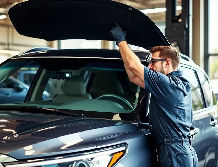 A professional mechanic replacing the windshield of an Infiniti QX80 SUV. The scene should show the mechanic carefully removing the old windshield and preparing to install a new one. The car should be in a well-lit garage or service bay, with all necessary tools and equipment visible. The mechanic should be wearing appropriate safety gear, such as gloves and goggles.