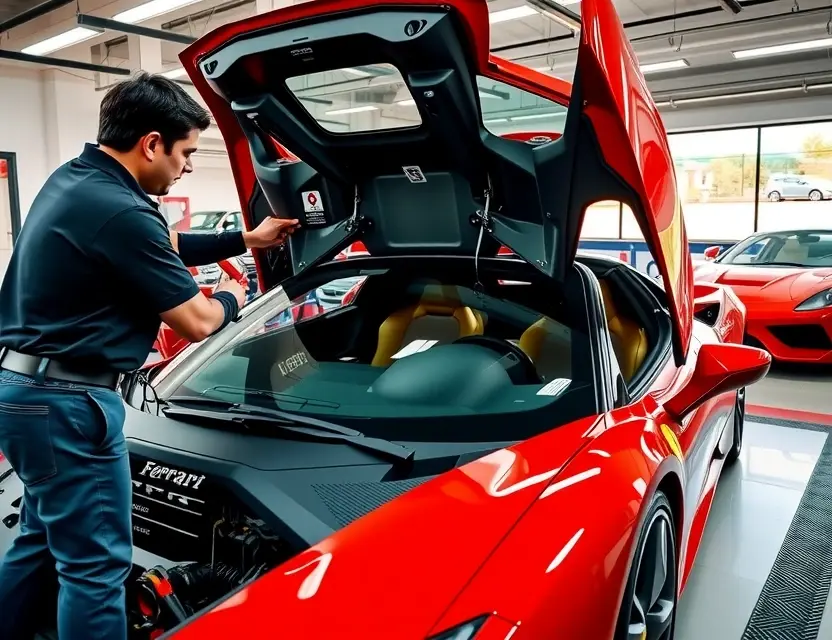 A detailed and realistic scene of a professional mechanic replacing the windshield of a Ferrari 458 Italia in a high-end auto repair shop. The car should be prominently featured with the hood open, and the mechanic should be using specialized tools to carefully remove the old windshield and install the new one. The shop should be well-lit and clean, with other luxury cars visible in the background.