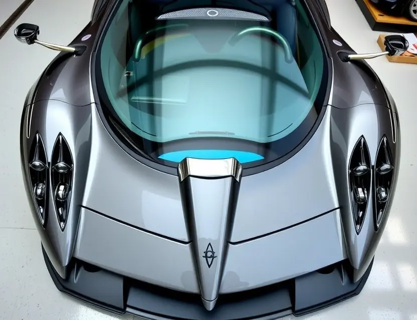 A high-quality image of a Pagani Huayra with a replaced windshield, showcasing the new glass and the surrounding car details. The car should be parked on a clean, well-lit surface, possibly a showroom or a professional garage. Focus on the clarity and quality of the replacement windshield.