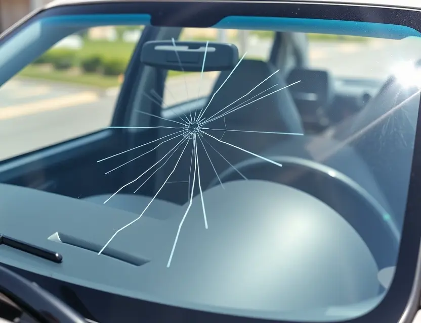 A close-up shot of a Daihatsu Terios with a cracked windshield, showing the area where the glass needs replacement. The car is parked outdoors on a sunny day. Focus on the damaged windshield and the surrounding car body.